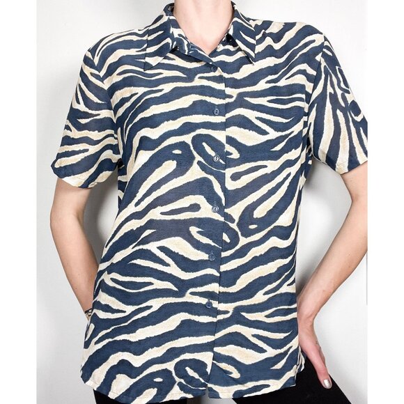 Vintage short sleeved blouse with navy blue zebra abstract motif - Picture 1 of 6